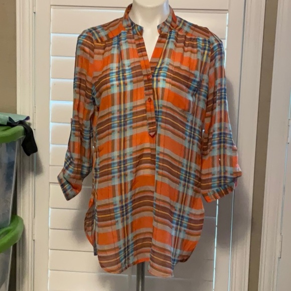 Wishful Park Orange and Blue Plaid Blouse - Picture 1 of 7